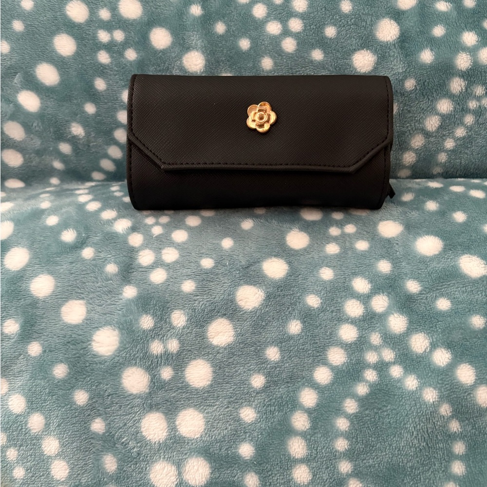 Black Jewelry Roll with Floral Accent
